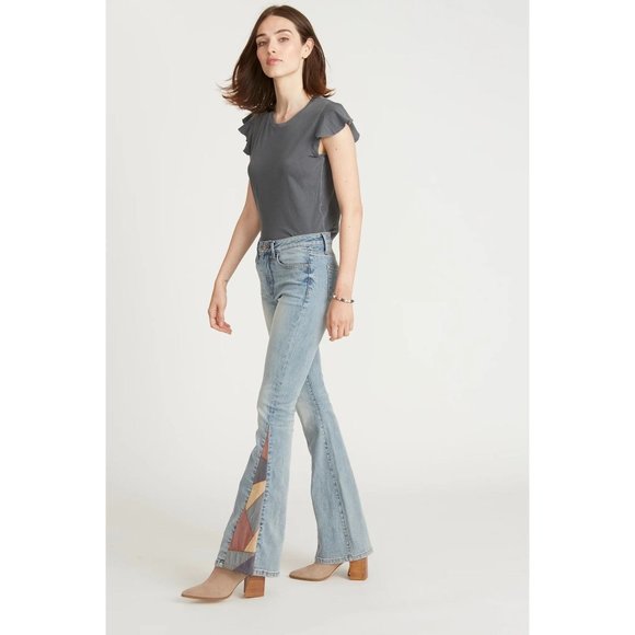 Free People Driftwood Farrah Cowgirl Light Wash Suede Patchwork Size 28 New